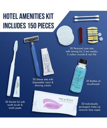 Travel Size Toiletries Kit | All-In-One Hotel Amenities Bulk Pack | Includes Shaving Set, Toothbrush, Mouthwash, Makeup Wipes, Swabs, Nail File, Sewing Kit | 150 Pcs - Buy Online on GoSupps.com