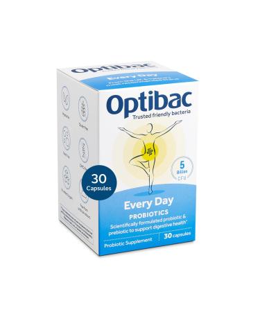 Optibac Probiotics for Every Day - Vegetarian Probiotic Supplement for Digestion & Gut Health 5 Billion CFU & Prebiotic - 30 Capsules