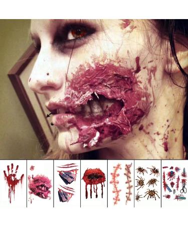 Halloween Temporary Face Tattoo Sticker 3D Zombie Scar Fake Bloody Wound for Cosplay Party Masquerade Prank Prop Decorations  Waterproof Sweatproof Makeup for Women Man kids