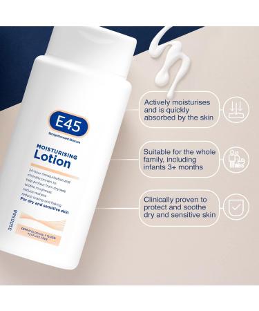 E45 Dermatological Moisturising Lotion 200ml - Daily Moisturiser for Dry & Sensitive Skin, Long-Lasting Hydration, Protects from Dryness, Reduces Redness & Flaking - Buy Online on GoSupps.com