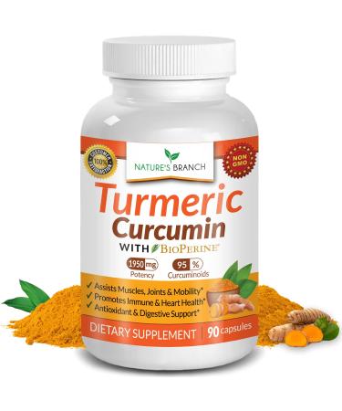 Extra Strength Turmeric Curcumin with BioPerine 1950mg Black Pepper, Joint Pain Relief Supplement, Inflammation Support, Made in USA Tumeric Extract Complex Pills with Organic Powder 90 Vegan Capsules
