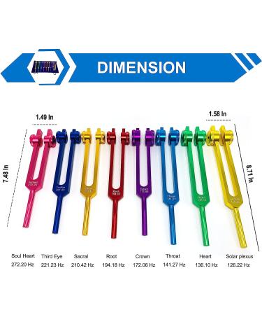 Chakra Tuning Forks Set for Healing - 7 Chakra+1 Soul Purpose Weighted Forks - Aluminum Alloy - Multicolour - Includes Rubber Mallet and Velvet Storage Bag - 126.22 Hz to 172.06 Hz Frequencies - Buy Online on GoSupps.com