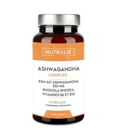 Ashwagandha KSM-66 Extra Strong Anti-Stress + Sleep + Energy Withanolides Rhodiola Vit B6 B12 Ashwagandha Organic Available Rhodiole Rosea and Vitamins - 60 Capsules Indian Ginseng - Nutralie