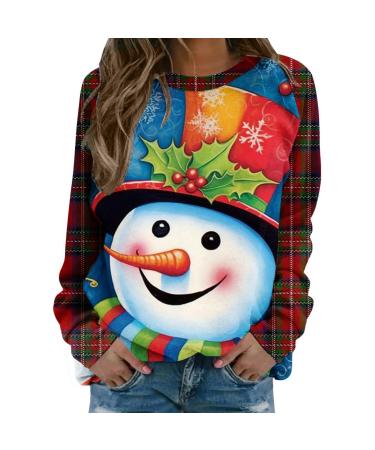 Women's Christmas Sweatshirts Cute Snowman Penguin Print O-Neck Raglan Top Shirt Pullover Comfy Warm Xmas Jumper Winter Long Sleeve Tops Loose Tunic Top Sweaters Sky Blue L