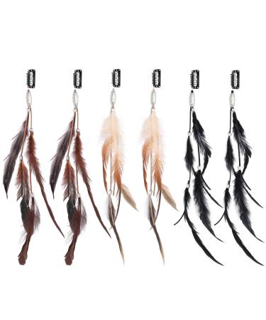 RONRONS 6 Pack Handmade Boho Hippie Hair Extensions with Feather Clip Comb Headdress DIY Accessories for Women (Brown Black Khaki)