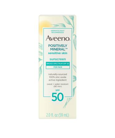 Aveeno Positively Mineral Sensitive Skin Daily Sunscreen Lotion for Face, Broad Spectrum SPF 50 with 100% Zinc Oxide, Lightweight & Non-Comedogenic Facial Sunscreen, Travel-Size, 2 fl. oz
