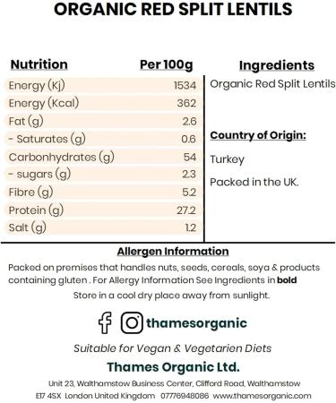 Organic Red Split Lentils - High Fibre High Protein No Additives No Preservatives Raw Vegan GMO-Free Certified Organic - Perfect for Soups Curries - Thames Organic 1kg 1 kg (Pack of 1) - Buy Online on GoSupps.com