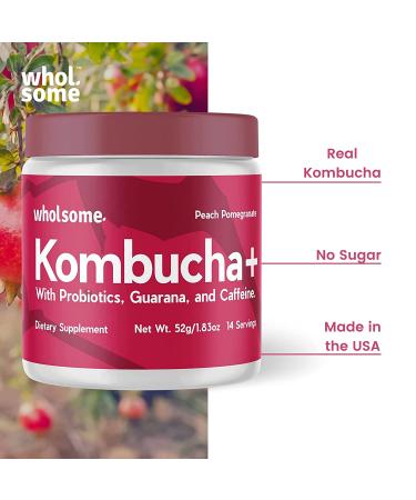 Kombucha Ready To Mix Powder - 14 Servings - Probiotics, Guarana & Caffeine - Peach Pomegranate Flavor - Buy Online on GoSupps.com