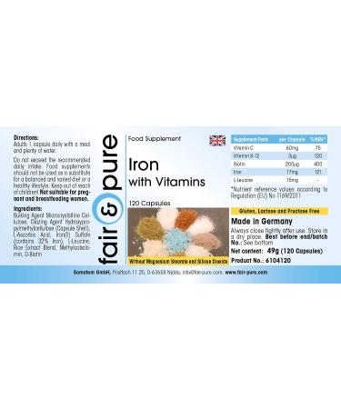 SoMatEm Fair & Pure Iron capsules with vitamin C biotin and vitamin B12 covers 100 of the daily iron requirement vegan without magnesium stearate 120 capsules - Buy Online on GoSupps.com