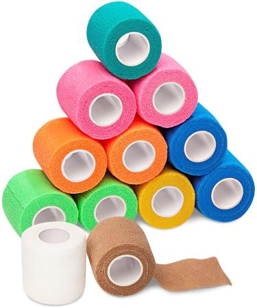 Self Adhesive Bandage Wrap - 2 inch by 5 yards Self Adhering Non Woven Cohesive Bandage Rolls (12 Pack) - Stretch Wrap - Multi Colored Neon Athletic Tape for Wrist - Medical Tape Waterproof - Vet Wrap 2 Inch 12 pack