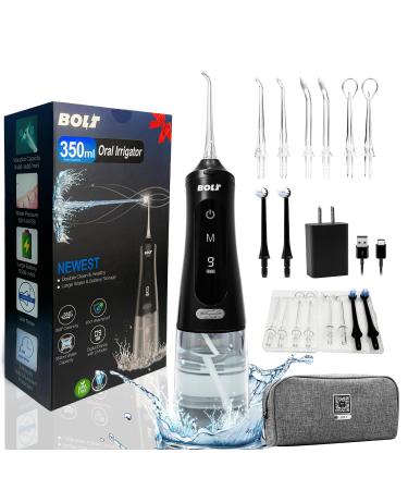 Bolt Cordless Dental Water Flosser for Teeth Gums Braces Tongue Hard Plague Remover. 350ml Water Tank 9 Modes Digital Display Travel Bag 8 Nozzles Type C Charger Storage Box