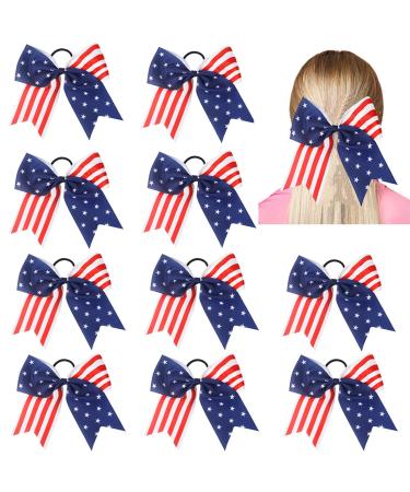 American USA Flag Cheer Bows for Girls Red White and Blue Patriotic Flag Festival Hair Bow With Elastic Band Hair Accessories (Red Blue)
