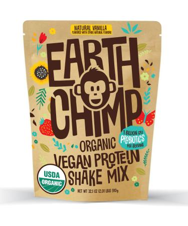 EarthChimp Organic Vegan Protein Powder - 26 Servings  32 Oz - with Probiotics & Digestive Enzymes - Plant Based  Dairy Free  Non GMO  Gluten Free  Gum Free (Vanilla) with Scoop Vanilla (WITH Scoop) 2 Pound (Pack of 1)