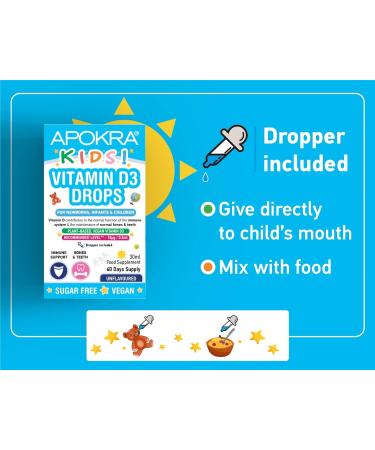Vitamin D Drops for Kids - 60 Days Supply - 400IU in MCT Oil - Vegan & Sugar-Free | APOKRA Kids - Buy Online on GoSupps.com