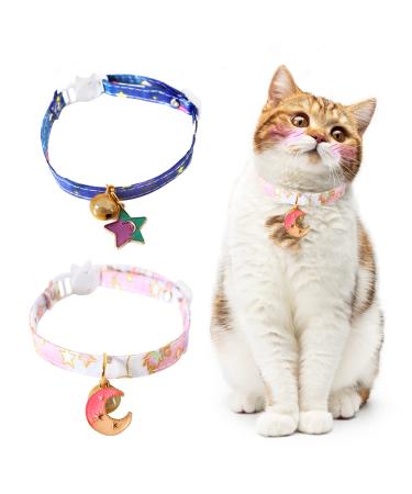 HACRAHO Breakaway Cat Collar with Bell, 2 PCS Adjustable Cute Kitty Collar with Bells Moon Stars Safety Breakaway Cat Collar for Cats Kittens Puppies, Pink and Blue