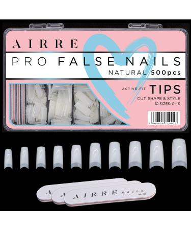 500 AIRRE Pro Acrylic Nail Tips & 3 Files with Box - (10 Sizes) French Square Half Cover False Nails. For Salons MUA & Home DIY. Use: Cut File & Shape UV/LED Gel Polish & Nail Art (Colour: Natural) - Buy Online on GoSupps.com