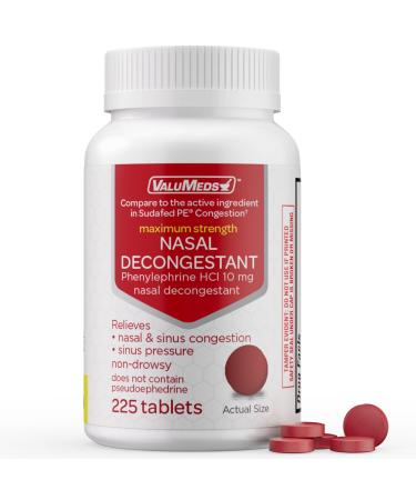 ValuMeds Nasal Decongestant PE (225 Tablets) Non-Drowsy | Phenylephrine HCl 10mg to Relieve Sinus Pressure | Comparable to Sudafed PE Congestion