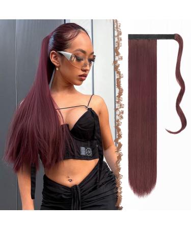 FESHFEN Straight Long Wrap Around Ponytail Extensions 28 Synthetic Hair Piece Clip in Ponytail Hair Extensions Hairpiece for Women Girls 28 Inch (Pack of 1) wine wine-Wrap Around