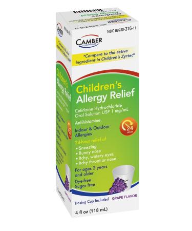 CAMBER PHARMACEUTICALS INC Children's Cetirizine Oral Solution Syrup Allergy Relief for Sneezing Runny Nose Itchy Watery Eyes Grape Flavor | 2 yrs. & Older