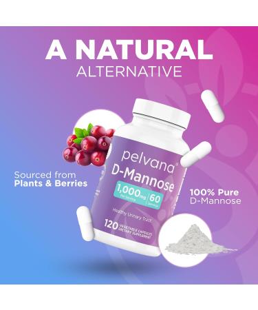 Pelvana D-Mannose 120 Capsules (500mg Each) 1000mg per Serving Assists & Maintains Healthy Urinary Tract Flushes Impurities Pure Ingredients Gluten-Free Third-Party Lab Tested Made in USA - Buy Online on GoSupps.com