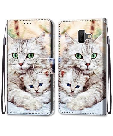 Nadoli mobile phone case leather for Samsung Galaxy J6 Plus colorful painted cute cat carrying cake map compartment magnet stand protective case wallet leather bag pocket etui samsung galaxy j6 plus cute cat