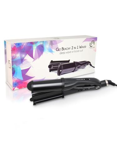 Le Angelique Get Beachy Hair Waver - 2 in 1 Crimper Curling Iron for Long Lasting Waves | 2 Inch Ceramic Tourmaline Wand with Temperature Control | Big Barrel for Loose Wavy Old Hollywood Curls Black