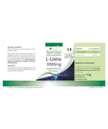 Fairvital L-Lysine 1000mg - High Dose 1250mg L-Lysine HCL | 90 Tablets for Immune Support & Health | International Shipping Available - Buy Online on GoSupps.com