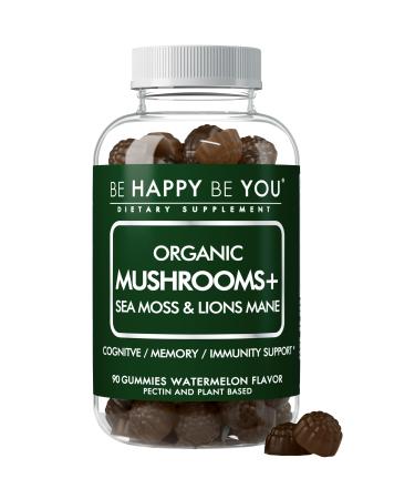 Be Happy Be You Organic Mushroom Sea Moss Gummies Lion s Mane, Reishi, Chaga, Cordyceps, Coriolus & Irish Moss Cognitive & Immune Support Vegan, Gelatin-Free, Pectin-Based Watermelon 90 Ct