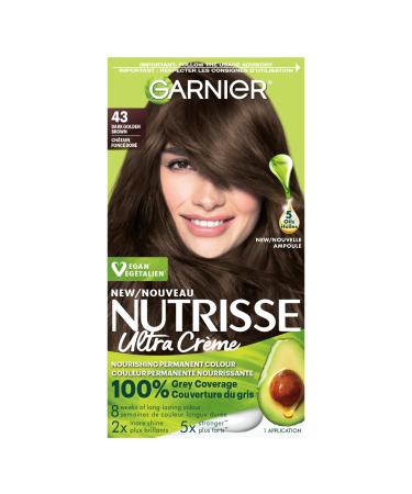 Garnier Nutrisse Ultra Cr me Permanent Hair Dye 100% Grey Coverage Vegan Formula Nourished Hair Long-Lasting Rich Colour 43 Dark Golden Brown 1 Application Packaging May Vary BROWN SHADES 43 Dark Golden Brown