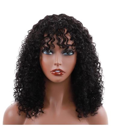 Kinky Curly Wig with Bangs - Bang Wig Human Hair Wigs for Black Women 180% Density Glueless None Lace Brazilian Virgin Hair Wigs 16 Inch Kinkys Black