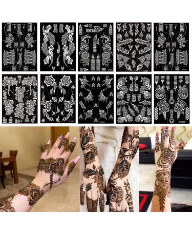 PPVWEY 10 Sheets Henna Tattoo Stencils 10 Pair Arm Hand Henna Tattoo Template Temporary Indian Arabian Glitter Airbrush Tattoo Stickers for Face Body Paint DIY (Black)