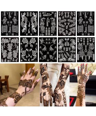 PPVWEY 10 Sheets Henna Tattoo Stencils 10 Pair Arm Hand Henna Tattoo Template Temporary Indian Arabian Glitter Airbrush Tattoo Stickers for Face Body Paint DIY (Black) - Buy Online on GoSupps.com