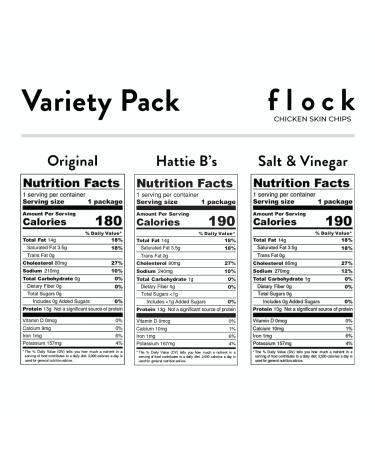 Flock Keto Chicken Skin Chips Variety Pack - Original, Salt and Vinegar, Hattie B's Nashville Hot - Keto Friendly, Low Carb, High Protein Snack - 1 oz Each (Pack of 8) - Buy Online on GoSupps.com