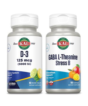 KAL Vitamin D-3 5000 IU ActivMelt and GABA L-Theanine Stress B Lozenge Bundle - 90 Instant Dissolve Natural Lemon Lime Flavor Micro Tablets and 100 Natural Mango Tangerine Flavor Lozenges
