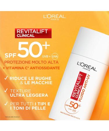 L'Or al Paris LOr al Paris Revitalift Clinical AntiUV facial fluid SPF 50+ Sun protection with Netlock technology Formula with vitamin C Antioxidant and antiaging action Ultralight 2 Bottles of 50 ml 2x SPF 50 protection - Buy Online on GoSupps.com
