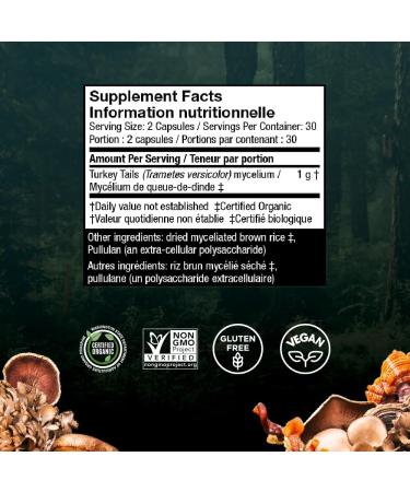 Host Defense Turkey Tail Mushroom Capsules Immune Support Mushroom Supplement Source of Fungal Polysaccharides Certified Organic Vegetarian Capsules 1000 mg Potency Turkey Tail Mushroom Capsules 60 count (Pack of 1) - Buy Online on GoSupps.com