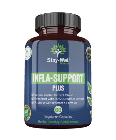 Stay-Well Naturals Infla-Support Plus- 750mg Herbal Supplement Blend with Curcumin and Ashwagadha Extract Shatavari Kavach Fenugreek Pippali Guduchi Shilajit Goshura and Sunthi 60ct