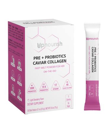 Prebiotics and Probiotics for Women 70 Billion CFU with Caviar Collagen Powder Packets, Daily Cranberry Mannose Gut Health Supplements for Women Immune Feminine Skin Joint Health, 30 Fast Melt Sticks