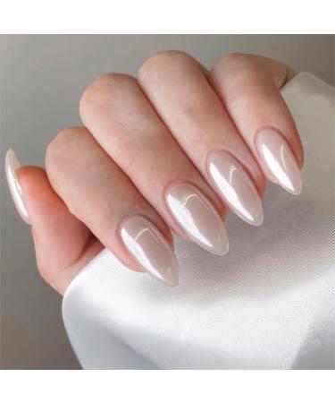 Chrome Press on Nails Almond Medium Length Pearl White Fake Nails Glossy Full Cover Nails Classic Stick on Nails Acrylic Nails for Women and Girls 24 Pcs