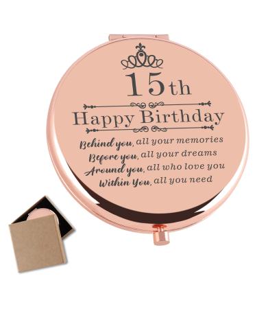 Cawnefil 15 Year Old Girls Gifts for Birthday Rose Gold Travel Compact Mirror 15th Birthday Gift Ideas for Teen Girl Daughter Niece Happy 15th Birthday Idea Gift