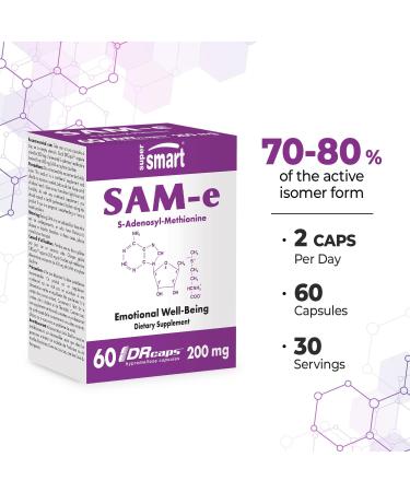 Supersmart SAM-e Supplement 200mg (80% Active Isomer S S) for Detox & Mood Support - Joint & Liver Health - 60 DR Capsules - Buy Online on GoSupps.com