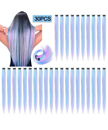 YMHPRIDE 30 PCS Colored Clip in Hair Extension  20 inch Mixed Color Heat-Resistant Straight Hairpieces for Girls Women Kids  Fashion Cosplay Party Highlights(White/Pink/Light Blue/Light Purple)