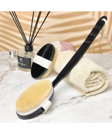 OWIIZI Black Bath Brush - Wooden Curved Long Handle Exfoliating Body Brush with Natural Bristles - 18.1 inch Handle for Back Scrubbing, Wet or Dry - Buy Online on GoSupps.com