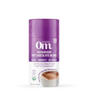 Om Mushroom Superfood Hot Chocolate Blend Mushroom Powder, 8.47 Ounce Canister, 30 Servings, Dutch Cocoa, 2g of Sugar, 25 Calories, Lion's Mane, Reishi, Chaga, Turkey Tail, Focus and Stress Support Hot Chocolate 30 Servi