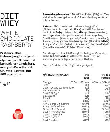 PhD Nutrition Diet Whey Protein Powder - 17g Protein Low Calorie 3.3g BCAAs Raspberry & White Chocolate Flavor 1kg Bag (40 Servings) - International Shipping Available - Buy Online on GoSupps.com