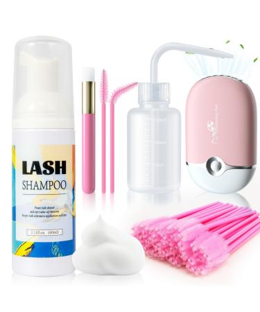 Buqikma Lash Shampoo for Lash Extensions - 2.11 Fl oz Lash Cleaning Kit Foam Cleanser Mini Lash Fan Mascara Brush Cleaning Brush Bottle Lash Fan Dryer Lash Wash Gift for Halloween Christmas (Pink) 7PCS Lash Shampoo Kit Pink