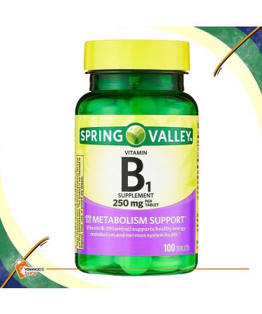 Spring Valley Vitamin B1 (Thiamine) Tablets 250mg - 100 Ct | Supports Energy & Metabolism | Dietary Supplement + VenanciosFridge Sticker - Buy Online on GoSupps.com