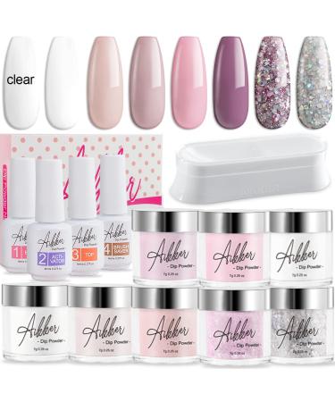 Aikker Dip Powder Nail Kit Starter 8 Colors with Essential Liquid Container for French Nail Design Professional Salon Set AK09 French Set