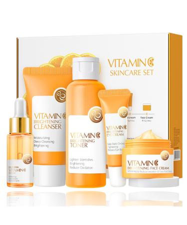 Generic Vitamin C Skincare Set 5pcs Moisturizing Face Skin Care Kit with Facial Cleanser Face Serum Face Cream Eye Cream Toner For Hydrating Skin Anti-Aging Skin Orange