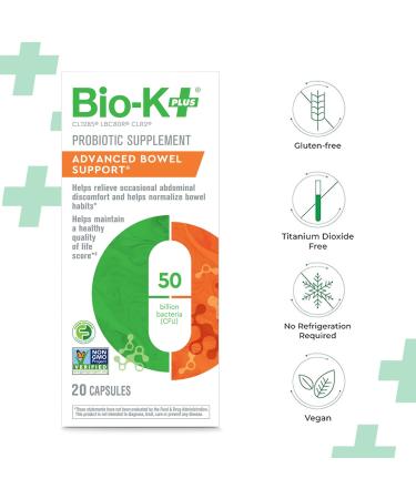 Bio-K+ Advanced Bowel Support Probiotic 50 Billion CFU Vegan Gluten-Free Non-GMO Supports Digestive Health & Regularity for Men & Women 20 Capsules Men and Women Probiotic - Buy Online on GoSupps.com